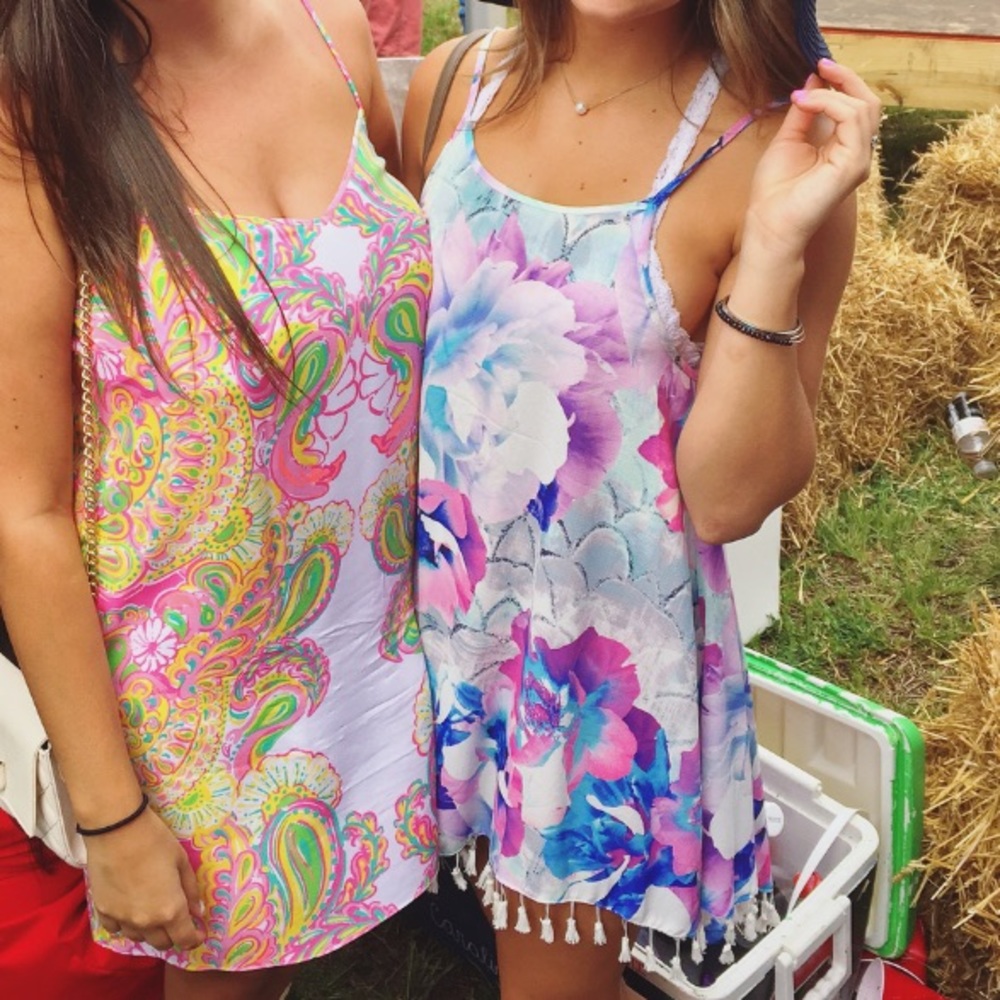 Floral print strap dress with tassels